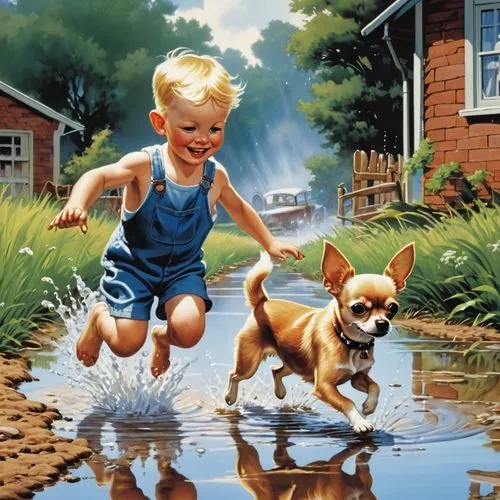 boy and dog,girl and boy outdoor,playing dogs,puddles,pacher,oil painting on canvas,Illustration,Retro,Retro 18