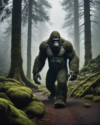 Bigfoot, mysterious creature, solo, furry, brown fur, muscular arms, strong legs, giant feet, walking, forest, misty atmosphere, dark green trees, vines, ancient ruins, abandoned, moss-covered stones,