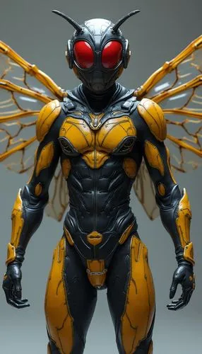 
3d realistic character of a Black and yellow striped suit with transparent wings for flight. Arm-mounted stingers that can pierce most materials. Helmet with large red eyes and antennae.,a yellow and