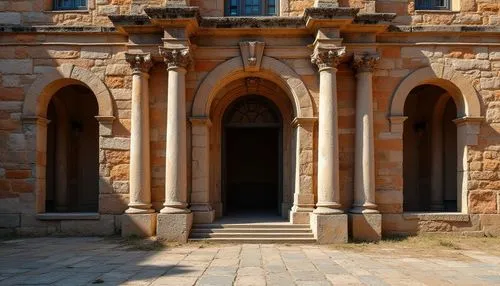 Classic architecture, brick material, rustic texture, warm color tone, ornate details, grand entrance, Romanesque columns, symmetrical composition, natural lighting, afternoon sun, subtle shadows, ric