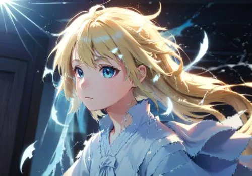 日系高中女學生，黃金長髮，白皙，可愛,the blonde girl with her hair blowing in front of a wall,violet evergarden,gambier,tsumugi kotobuki k-on,aiz,shipka,kizu,Anime,Anime,Traditional