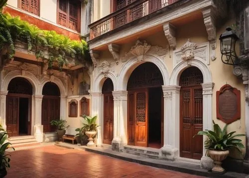 Spanish colonial architecture, Philippines, Intramuros, Manila, ancestral house, wooden doors, carved stone walls, red-tiled roofs, ornate balconies, intricately designed windows, wooden flooring, vin