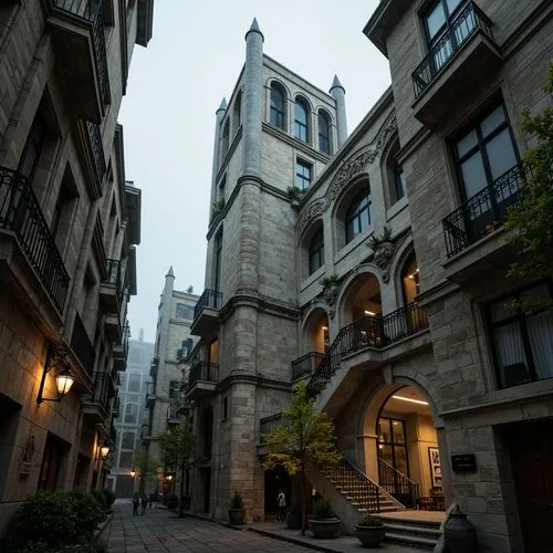 Weathered stone facade, asymmetrical towers, intricate stonework patterns, Gothic-inspired arches, dramatic verticality, ornate metal details, rusted copper accents, mystical lanterns, winding stairca