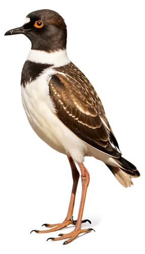 Small bird, plover, solo, beach scene, brown back feathers, white belly, black head, orange beak, standing, one leg bent, looking around, sunny day, soft lighting, shallow depth of field, warm color t