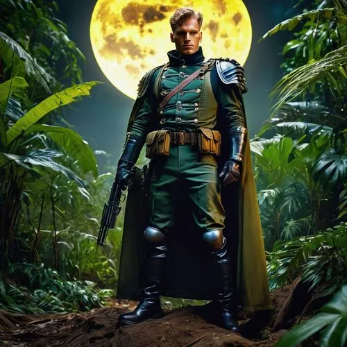 A shot from below upwrads of gorgeous super model Klaus-Peter Rothkugel as Capitain Price, gloves and boots, machine pistol,  is standing within a military jungle camp in the jungle at Full Moon.,blaz