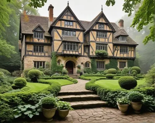 Grand, ornate Elizabethan era mansion, intricately carved stone facade, tall multi-paned windows, dormer windows, steeply pitched roofs, chimney stacks, Tudor arches, half-timber framing, ornate doorw