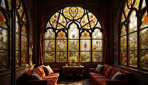 stained glass windows,stained glass,stained glass window,parlor,leaded glass window,dining room,ornate room,alcove,art nouveau frames,orangery,stained glass pattern,victorian room,breakfast room,sitting room,tearoom,glass window,casa fuster hotel,anteroom,interiors,interior decor