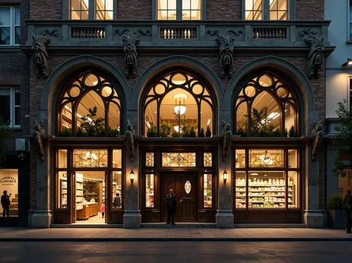 Grocery store facade, Gothic arches, ornate stone carvings, stained glass windows, pointed towers, intricate tracery, rustic brick walls, heavy wooden doors, iron hinges, grand entrance, vaulted ceili