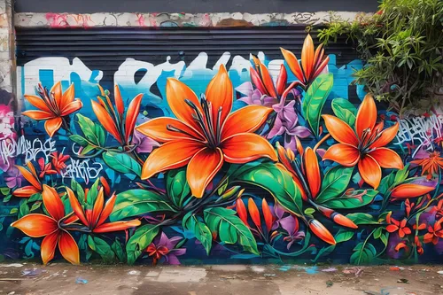 flower wall en,graffiti art,flower painting,mural,flower art,graffiti,oakland,painted block wall,tropical bloom,orange lily,fiori,cartoon flowers,bird of paradise,bright flowers,floral rangoli,grafitty,tropical flowers,tel aviv,colorful flowers,san diego,Conceptual Art,Graffiti Art,Graffiti Art 07