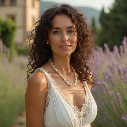 Elegant mature lady, 30s, curly brown hair, minimal makeup, pearl necklace, flowing white dress, lace details, natural fabrics, standing, classic villa, Italian countryside, blooming lavender, greener