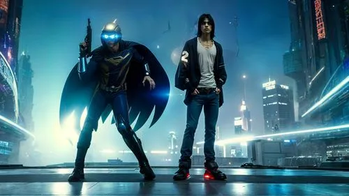 two men in costumes are standing in the middle of an city at night,batmanglij,vigilantes,cyberpunk,batterers,crimefighters,dmc