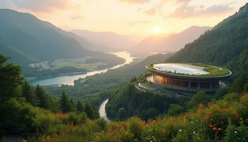 futuristic landscape,tulou,house in mountains,futuristic architecture,house in the mountains,earthship,rivendell,roof landscape,slovenia,austria,beautiful home,norway,mountain huts,svizzera,switzerland chf,dreamhouse,switzerland,futuristic art museum,luxury hotel,tigers nest,Photography,General,Realistic