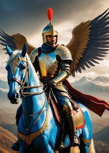 Winged Hussar, male, muscular, 25yo, strong facial features, short blond hair, blue eyes, sharp jawline, intricate armor, golden accents, feathered wings, majestic horse, medieval background, misty mo