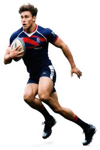 muscular man, rugby player, athletic build, messy short hair, sweat droplets, rugged facial expression, shoulder pads, tight jersey, shorts, sports shoes, holding rugby ball, running pose, dynamic mov