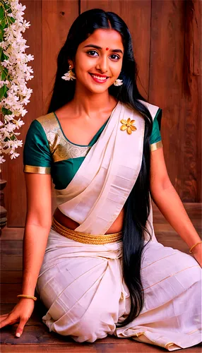 Malayali woman, traditional Kerala costume, gold jewelry, intricate blouse design, saree draped elegantly, long black hair adorned with jasmine flowers, warm smile, gentle eyes, relaxed posture, sitti