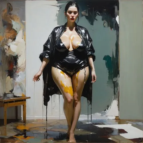 wet , covered girl sexy with covered  huge bust tall legs  and elegant art of exhibition and hips,a painting shows a woman in rubber clothing with painted legs and s,domergue,fischl,levinthal,bischoff