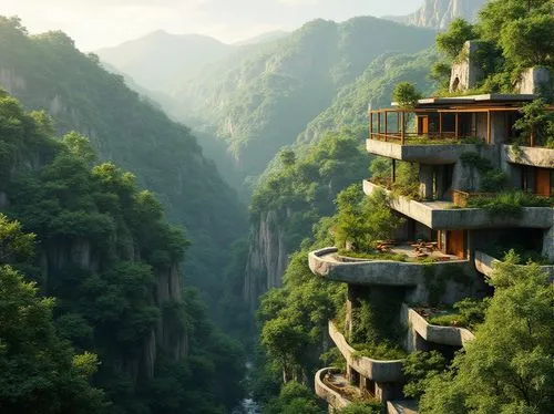 tigers nest,shaoming,hushan,wudang,huashan,haicang,hanging houses,asian architecture,balconies,tailandia,zhangjiagang,futuristic landscape,zhangjiajie,shangri,yangshao,mountainous landscape,xiangshan,apartment blocks,qingming,shangrila,Photography,General,Realistic