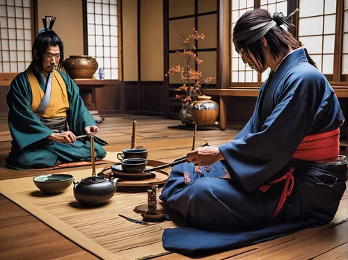 Write a comedic scene where Kenshin Himura finds himself in an embarrassing situation at a traditional tea ceremony. His sword skills won't be of any use here!,tea ceremony,traditional korean musical 