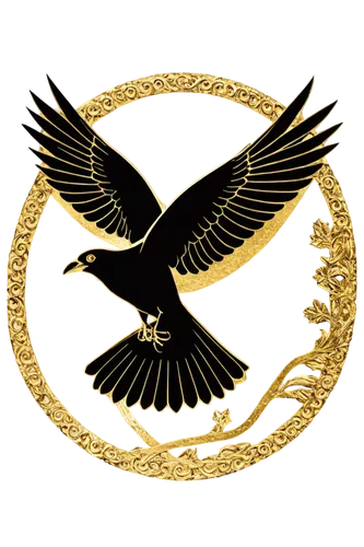 Raven's logo, clip-art, black bird silhouette, mysterious eyes, sharp beak, spread wings, Victorian-era inspired, ornate details, gold accents, intricate patterns, circular frame, 3D embossing effect,