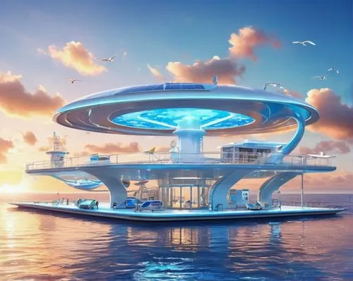 seasteading,futuristic architecture,floating islands,sky space concept,artificial islands,floating island,futuristic landscape,skycycle,floating stage,aqua studio,futuristic art museum,arcology,arcona,seafort,alien ship,futuristic,house of the sea,island suspended,cube stilt houses,oceana,Illustration,Japanese style,Japanese Style 01