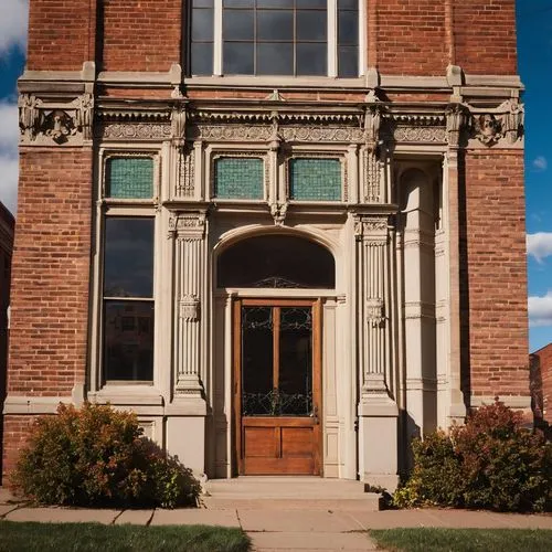 Historical building, Corners Architectural Antiques, Lincoln NE, brick facade, ornate details, old wooden doors, stained glass windows, Victorian-era architecture, American Midwest style, autumn after