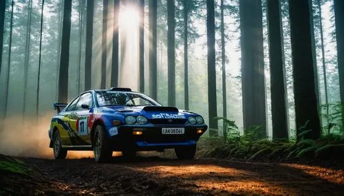 1993 Toyota Celica GT-Four, B-group rally car, location in the forest on a dirt track, sunrays filtering though the forest canopy, damp and foggy,rallying,mcrae,bouffier,wrc,neuville,forester,rallye,d