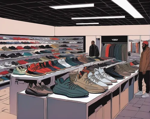 shoe store,retail,walk-in closet,shoe cabinet,outlet store,inventory,sneakers,athletic shoes,closet,paris shops,racks,sports shoes,store fronts,athletic shoe,stalls,men's shoes,walking shoe,product display,garment racks,storefront,Illustration,Black and White,Black and White 10