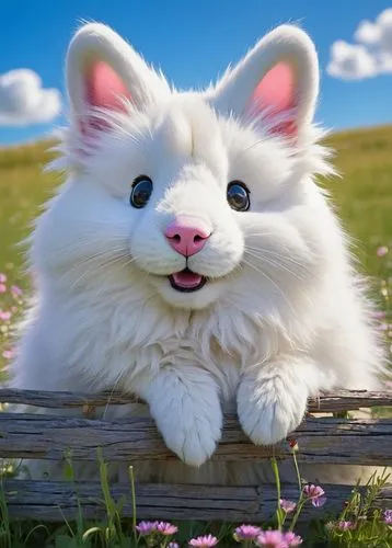 Mooph, cute, cartoon-style, fluffy ears, white fur, big round eyes, pink nose, smiling face, sitting, grassland, sunny day, blue sky, few white clouds, simple wooden fence, colorful wildflowers, warm 