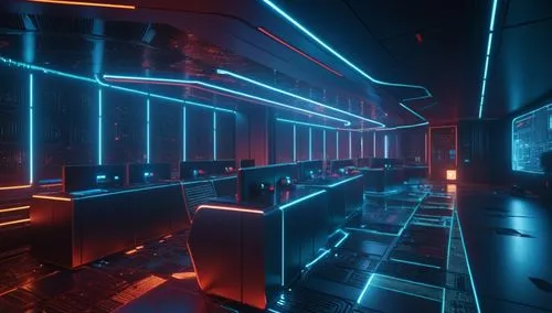 this is a dimly lit server room with several monitors,nightclub,ufo interior,spaceship interior,neon coffee,retro diner,cyberia,cyberscene,3d render,spaceland,the server room,neon arrows,computer room