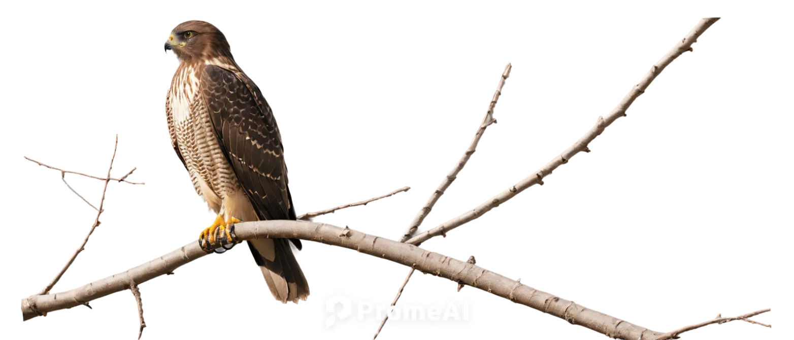 Sharp taloned hawk, spread wings, strong muscular body, piercing brown eyes, hooked beak, feathers in shades of brown and grey, perched on branch, morning sunlight, 3/4 composition, shallow depth of f