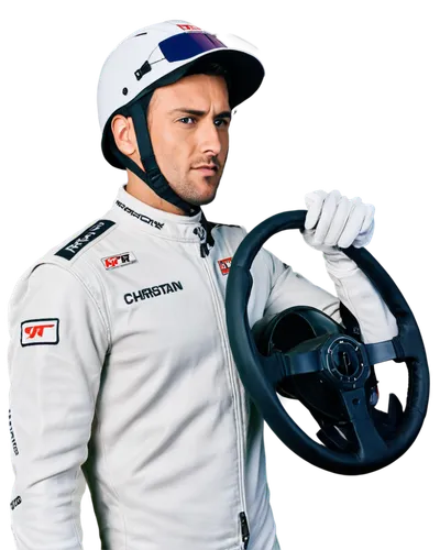 Muscular man, GTR R35, racing driver, helmet, sunglasses, sporty hairstyle, stubble, white racing suit, sponsor logos, gloves, holding steering wheel, intense facial expression, dramatic lighting, 3/4