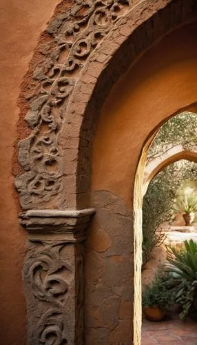 Clay, architectural element, earthy tone, rough texture, irregular shape, rustic exterior wall, ancient building, Mediterranean villa, Spanish style, curved arches, ornate decorations, worn-out surfac