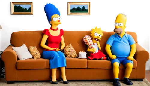 Homer Simpson, Marge Simpson, Bart Simpson, Lisa Simpson, Maggie Simpson, family portrait, yellow skin, blue shirt, red dress, spiky hair, saxophone, donut, couch potato, sitting on sofa, Springfield 