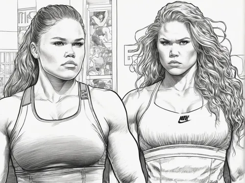 workout icons,ronda,muscle woman,strong women,pair of dumbbells,mma,ufc,facial expressions,strong woman,fitness and figure competition,two girls,expressions,biceps curl,fitnes,competing,pencil drawings,comic style,concentrical,bad girls,shakers,Illustration,Black and White,Black and White 13