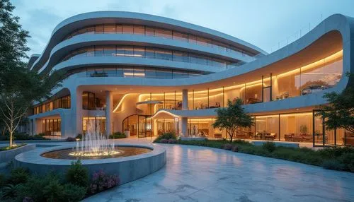 Curved futuristic facade, LED lighting installations, calming water features, lush green walls, natural stone cladding, minimalist entrance, sleek metal canopies, large glass windows, modern hospital 