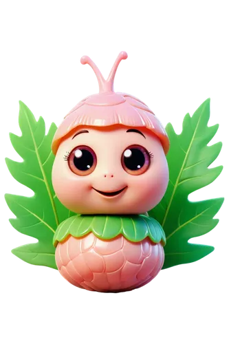 Cute snail, cartoon style, shell pastel colors, big round eyes, smiling face, tiny nose, soft slimy skin, leaves on head, vines wrapped around shell, gentle posture, 3/4 composition, warm soft lightin