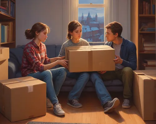 Write a drama script where two estranged siblings reunite while unpacking a stack of moving boxes.,game illustration,sci fiction illustration,shared apartment,kids illustration,cg artwork,children stu