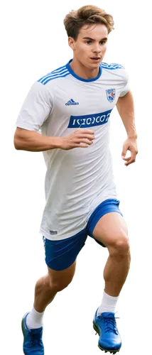 male, football player, athletic build, muscular arms, strong legs, messy short hair, sweat droplets, facial expression focused, bright eyes, white jersey, blue shorts, soccer ball at feet, running pos