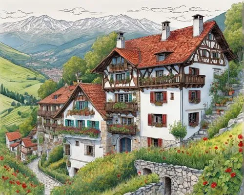 alpine village,escher village,houses clipart,mountain village,alpine region,alpine pastures,half-timbered houses,swiss house,switzerlands,reutte,mountain settlement,cerkno,zoncolan,rouran,auberge,rhodopes,house in mountains,klosters,alpbach,svizzera,Illustration,Black and White,Black and White 05