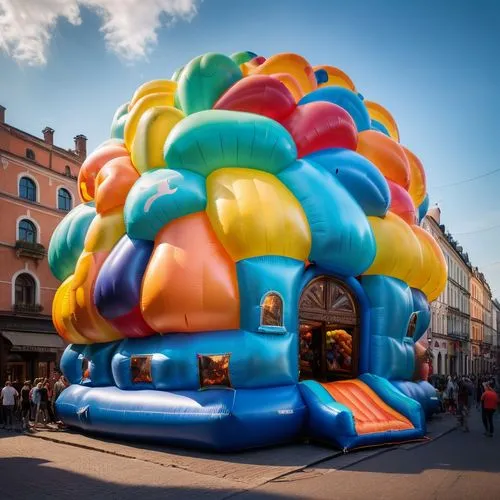 Inflatable puffy  cruvry building on street with street activities ,bouncy castle,balloon hot air,the carnival of venice,irish balloon,bouncy castles,bounce house,corner balloons,inflatable ring,easte