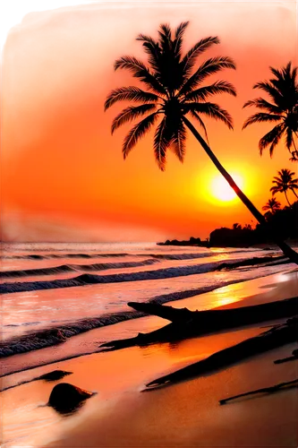 Beach scene, sunset background, warm orange sky, palm trees silhouetted, gentle waves crashing, sandy beach, shore debris, driftwood, seashells, serene atmosphere, soft warm lighting, low angle shot, 