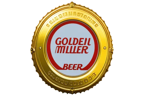 Golden Miller Beer logo, circular shape, red and white colors, bold font, 3D effect, metallic texture, shiny surface, slight reflection, soft focus, close-up shot, centered composition, warm lighting.