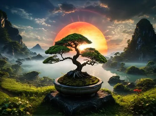 fantasy picture,tree of life,bonsai tree,bonsai,druidism,mother earth,fantasy landscape,druidic,mother earth statue,world digital painting,3d fantasy,flourishing tree,celtic tree,landscape background,fantasy art,cartoon video game background,sacred fig,3d background,lonetree,lone tree,Photography,General,Fantasy