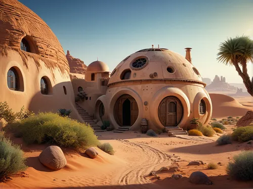 desert landscape,desert desert landscape,ancient house,the desert,stone desert,desert planet,dunes house,roof domes,futuristic landscape,ancient city,desert,render,3d render,3d rendering,islamic architectural,libyan desert,riad,arid landscape,3d rendered,futuristic architecture,Photography,General,Realistic