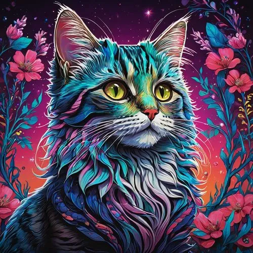 cat vector,flower cat,felino,colorful background,cat portrait,welin,cat on a blue background,maincoon,portrait background,flower animal,digital art,pet portrait,gato,fantasy animal,cat,beautiful wallpaper,fantasy portrait,cartoon cat,animal feline,world digital painting,Illustration,Abstract Fantasy,Abstract Fantasy 04