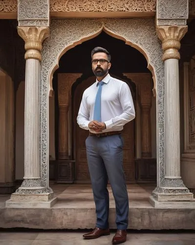 Middle-aged man, architecture designer, Delhi, India, wearing black-framed glasses, short brown hair, stubble beard, white shirt, light blue tie, dark gray trousers, black leather shoes, standing, hol