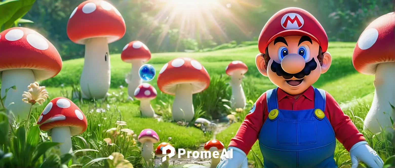 pregnant Mario, mustache, red hat, blue overalls, white gloves, prominent belly, joyful facial expression, hands on hips, standing, Mushroom Kingdom, bright green grass, colorful Toads, sunshine, warm