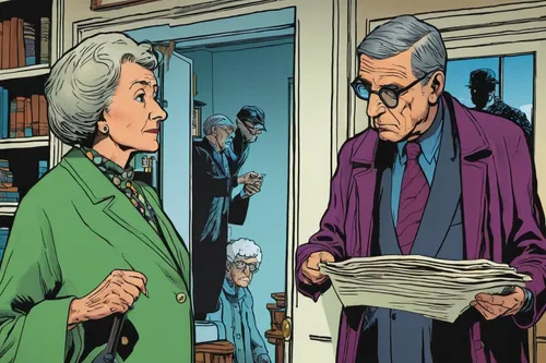 grandparents,riddler,stan lee,old couple,theoretician physician,magneto-optical drive,comics,pensioners,comic books,magneto-optical disk,bookselling,grandparent,speech balloons,marvel comics,elderly person,busy lizzie,pensioner,readers,elderly people,mother and grandparents,Illustration,American Style,American Style 14