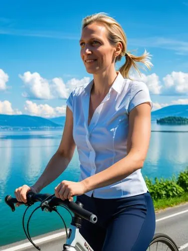 When Alice Weidel is on her ride through the constituency on Lake Constance, she radiates a special grandeur.,a young woman is riding her bike along the road by the water,woman bicycle,cycling,bicycle