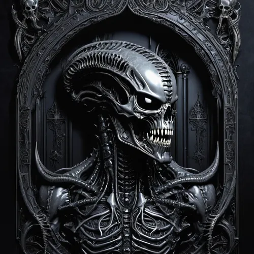 alien,door knocker,creepy doorway,alien warrior,skull statue,skull bones,dark art,iron door,district 9,the door,metallic door,aliens,endoskeleton,doorknob,front door,skeleton key,scull,vintage skeleton,dark cabinetry,skull sculpture,Illustration,Realistic Fantasy,Realistic Fantasy 46